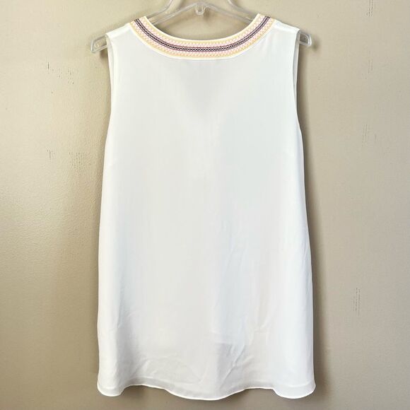 WHBM Boho White Sleeveless Top Blouse Embroidered Tassal Neckline - Picture 4 of 11